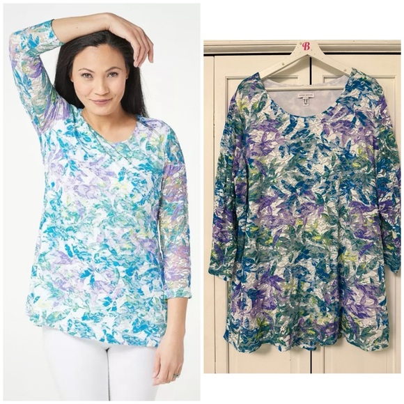 Susan Graver Floral Printed Stretch Lace Peplum Back Tunic Blue Purple Multi 2X - Picture 1 of 13